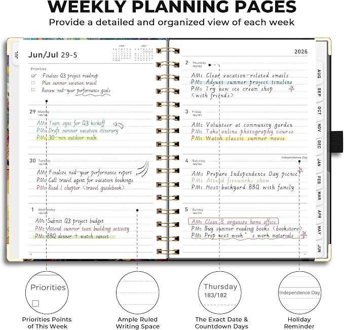 AHGXG Academic Planner 2026-2027, July 2026 - June 2027, 5.7" x 8.3" | Weekly and Monthly, Hardcover, Spiral-Bound, Calendar, Agenda for Women, Student, School, 12-Month Tabs (Colourful Tree)