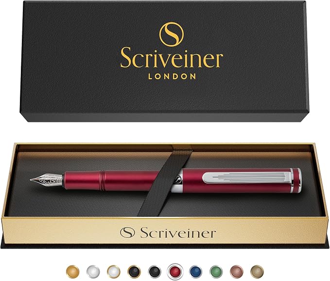 Scriveiner Luxury EDC Fountain Pen (Medium), Matt Red Pocket EDC with Chrome Finish, Schmidt German Nib, Converter, Best Writing Gift Set for Men & Women, Fancy Pen for the Office & Journaling