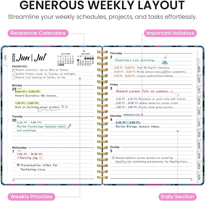 Planner 2026–2027, Weekly & Monthly Academic Organizer for School Year, Jul 2026–Jun 2027, Hardcover Planner with Tabs, Back to School Essential, 6.3" x 8.5", Midnight Roses
