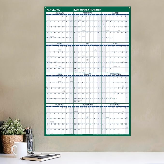 AT-A-GLANCE 2026 Erasable Calendar, Dry Erase Wall Planner, 24" x 36", Large, Vertical, Reversible (PM2102826)