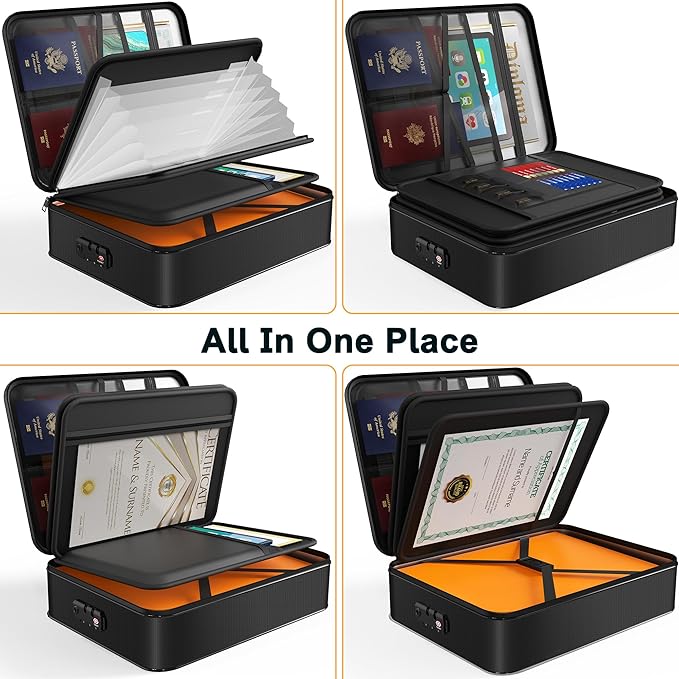 Noiposi 5200℉ Fireproof Document Box with Lock 16.1"x11.4"x4.3" | Portable ,Home ,Travel Water Resistant Document Storage Organizer with for Important Documents and File ,Black