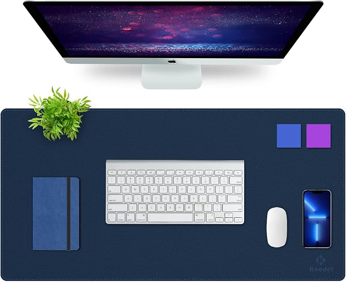 K KNODEL Large Sewing Leather Desk Mat, Desk Pad (Dark Blue, 31.5" x 15.7") | Mouse and Keyboard Pad, PVC Computer and Laptop Mat, Desktop Protector and Cover, Writing Pad and Blotter for Home Office