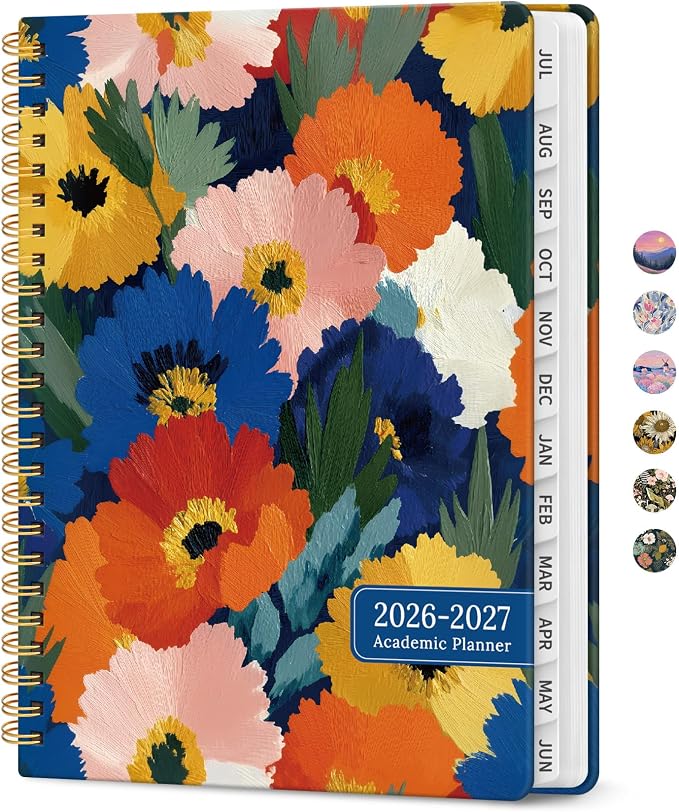 Planner 2026-2027, Academic Year Monthly and Weekly Calendar Planner, Jul 2026 - Jun 2027, Hardcover Teacher Student Planning Agenda book with Tabs, Perfect for School Office Supplies, 8.5" x 11" - Vivid Petals