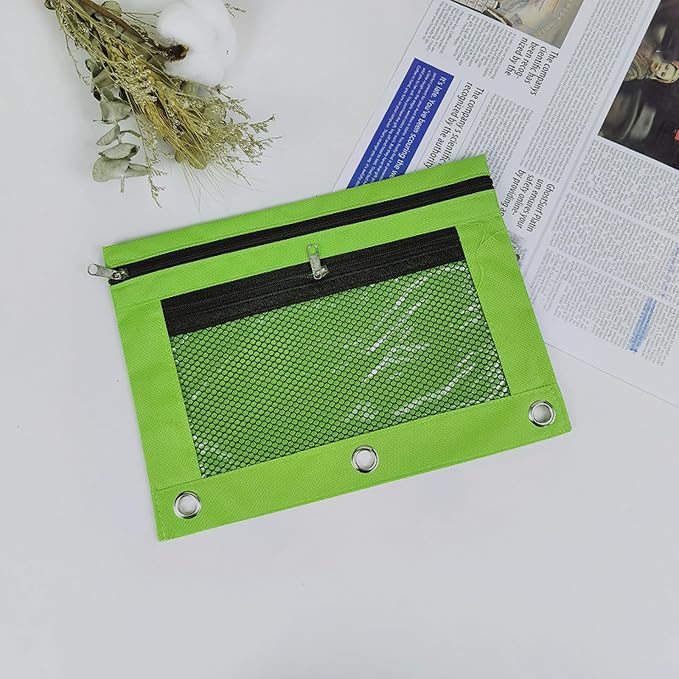 Pencil Pouch for 3 Ring Binder - 3 Hole Zipper Pen Case Bag Holder Bulk Accessories Clear Window Aesthetic Organizer Pockets (Grass Green)