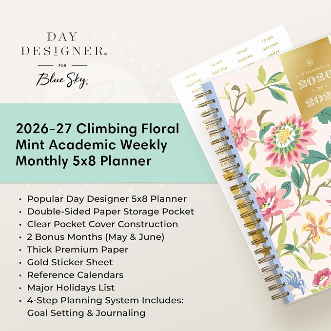 Blue Sky 2026-2027 Weekly & Monthly Academic Planner, 5"x8", Floral Blush | July 2026 - June 2027, Clear Pocket Cover, Laminated Tabs, Storage Pocket, Stickers, Academic Year, Day Designer