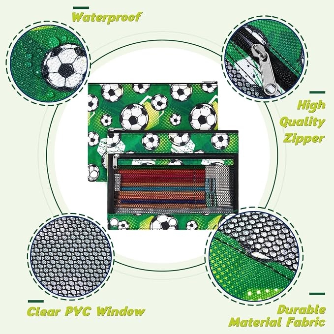 WAWSAM Soccer Pencil Pouch for 3 Ring Binder, Zipper Pencil Pouch for Boys | 2 Pocket Clear Window Pencil Case, 3 Ring Pencil Pouch for School Supplies, Pencil Bags for Office College