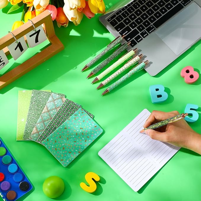 12 Set Cute Mini Notebook and Fancy Pen Gift Set for Women 6 Mini Glitter Pocket Notepad 6 Cute Sparkly Glitter Pen for Girl Office First Day of School Mother's Day Christmas Graduation(Green)