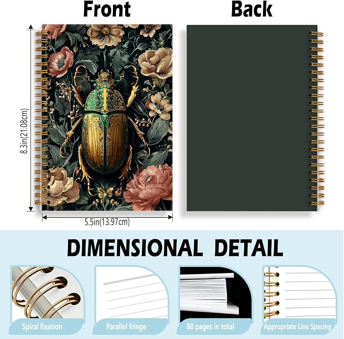 Vintage Floral Beetle Journal Notebook 5.5x8.3, William Morris Inspired Moody Beetle Insect Journal for Women, Dark Cottagecore Botanical Notebooks for Work