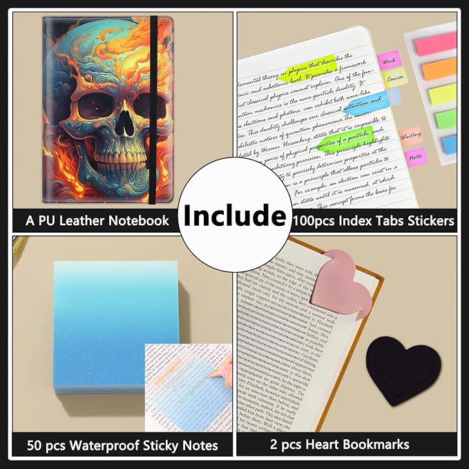 A5 Leather Lined Journal Notebook, 200 Pages Hardcover Executive Notebook for Men Women Office School Note Taking, Thick Writing Paper Daily Journal with Bookmarks/Indexes, Skull and Fire