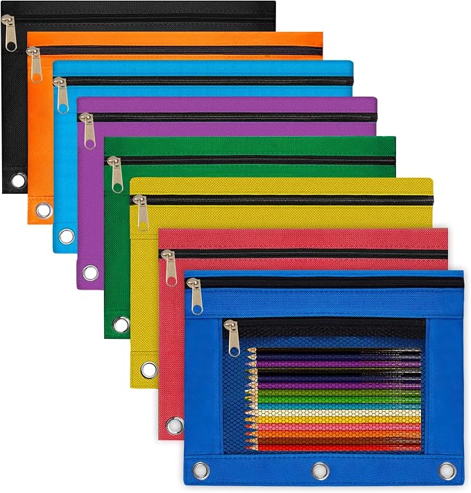 Pencil Pouch for 3 Ring Binder 8 Pack Pencil Bags with Zipper Pencil Case for Binder Large Pencil Case Pouch 3 Ring with Clear Mesh Window Double Pockets Office Supplies Assorted Color