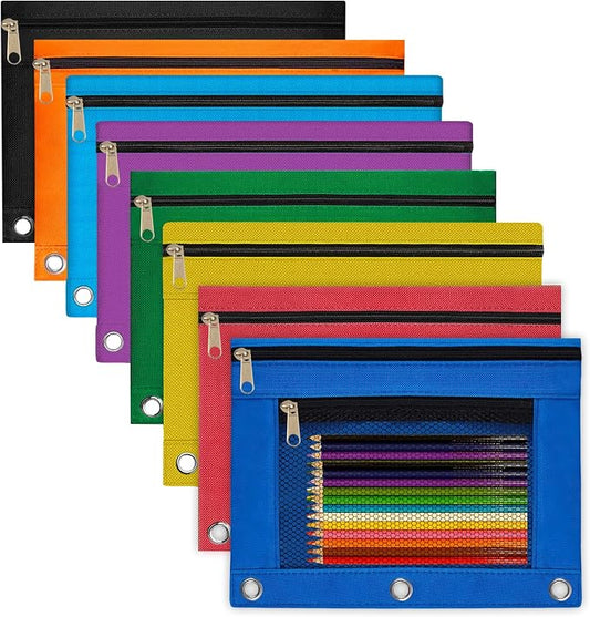 Pencil Pouch for 3 Ring Binder 8 Pack Pencil Bags with Zipper Pencil Case for Binder Large Pencil Case Pouch 3 Ring with Clear Mesh Window Double Pockets Office Supplies Assorted Color