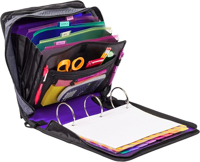 Case-it Mighty Zip Tab School Zipper Binder | 3-Inch O-Rings, 600-Sheet Capacity, 5-Subject Expanding File Folder, Multiple Pockets & Storage Organizer, Shoulder Strap | D-146 Purple Haze