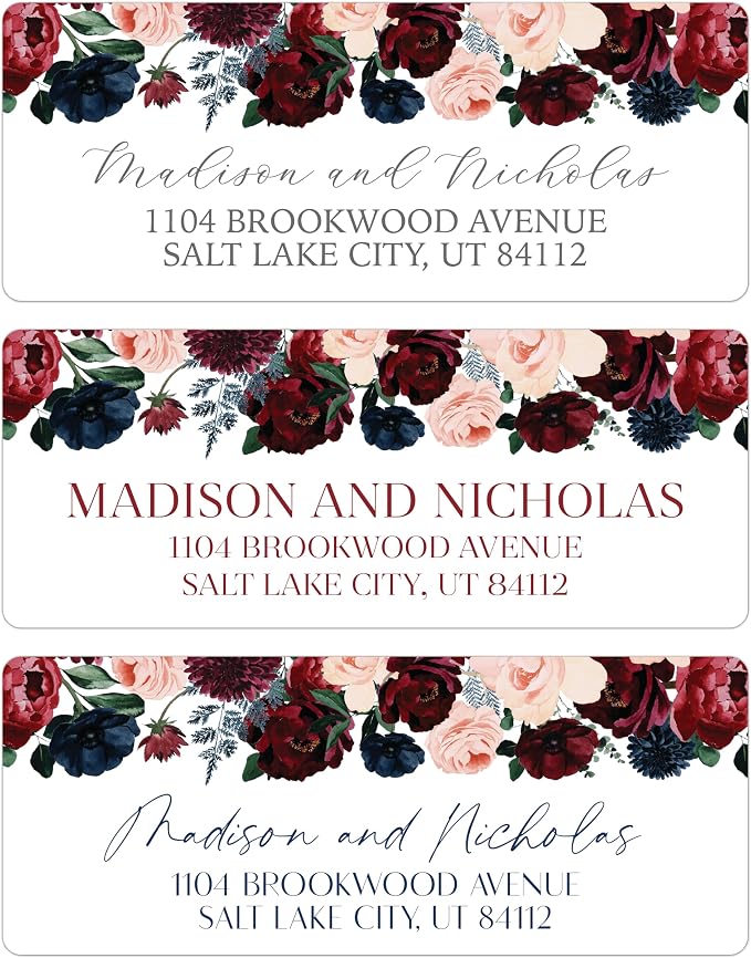 Return Address Labels Personalized with Your Choice of 30 Flower Styles - Choose Font and Font Color or Add Custom Text - Perfect for Wedding Envelopes (019 Navy, Burgundy, and Pink Flowers)