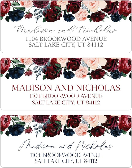 Return Address Labels Personalized with Your Choice of 30 Flower Styles - Choose Font and Font Color or Add Custom Text - Perfect for Wedding Envelopes (019 Navy, Burgundy, and Pink Flowers)