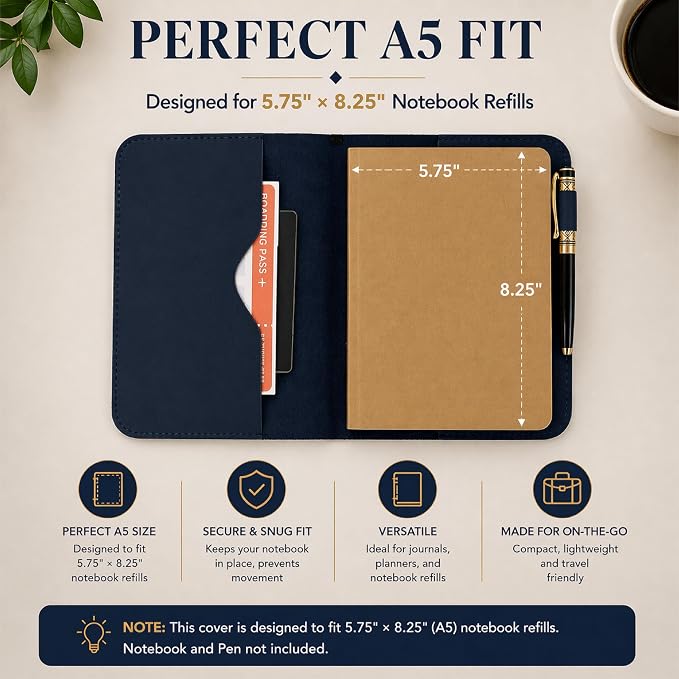 Premium Leather Journal Cover A5 – Handmade Refillable Notebook Cover Sleeve with Pen Holder for Writing, Travel & Business Use 5.75 x 8.25 (Blue)