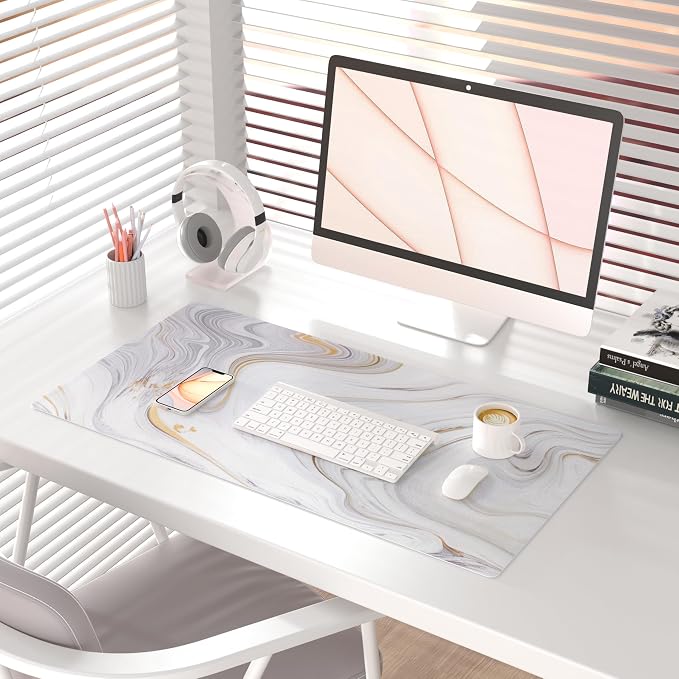 QIYI White Mouse Pad, Cute Marble Large Desk Mat, PU Leather Desk Protector Mousepad, Gold Grey Striped Waterproof Computer Keyboard Gaming Mouse Pads, Non Slip Extended Writing Pad 31.5" x 15.7"