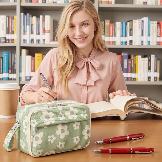 WOBAGMEN Cute Pencil Case,Large Corduroy Zippered Pencil Case Pouch, aesthetic Pencil Bag with Compartments, Pencil Pouch School Supplies (Cute Green Floral)