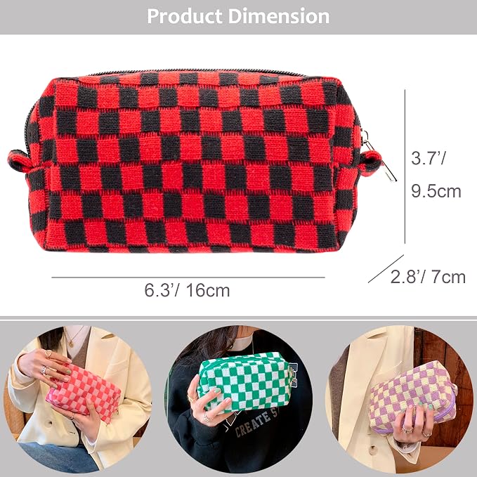 Checkered Makeup Bag for Purse, Small Travel Cosmetic Pouch,Red Black | Cute Zipper Makeup Organizer for Women, Travel Essentials, Toiletries, Makeup Brushes, Beauty Accessories&Bridesmaid Gifts