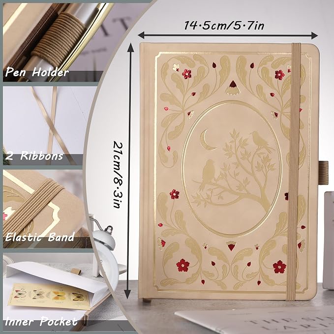 TIEFOSSI Dot Notebooks, A5 Hardcover Dot Journals for Writing Women, 160gsm Thick Paper, 190 Numbered Pages, for Planner Organization | 160gsm 190 Numbered Pages Diary, Aesthetic Leather Bird Pattern for Journaling Organization,Planning, Tracking & Ske...