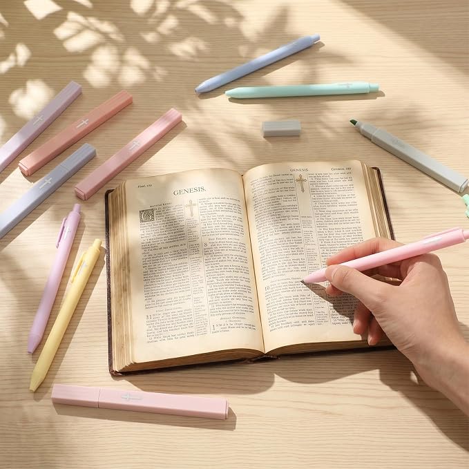 12 Pcs Cross Gel Pens and Highlighters Set 6 Gel Pens 0.5mm 6 No Bleed Highlighters Bible Study Pen and Highlighter for Journaling Church Supplies Christian Stationery (Black,Macaron)