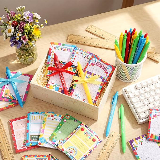 Eaasty 48 Pcs Back to School Teacher Gifts Bulk Cute Notepads and Ballpoint Pens with Ribbon Inspirational Thank You Gifts for Teacher, Classroom, Office, Staff, Coworker
