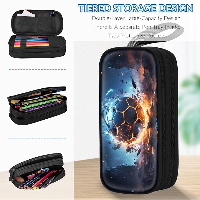 TILYTADLY Large Pencil Case for Boys - Soccer Boys Pencil Pouch with Zipper Compartments - Big Capacity Pen Box Pen Bag Organizer with Keychain for Kids Teens School