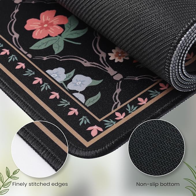 iCasso Floral Desk Pad Mat, Large Mouse Pad, Desk Matt for Desktop, Anti-Slip XXL Big Mousepad with Stitched Edges for Computer Keyboard (Black Moroccan)