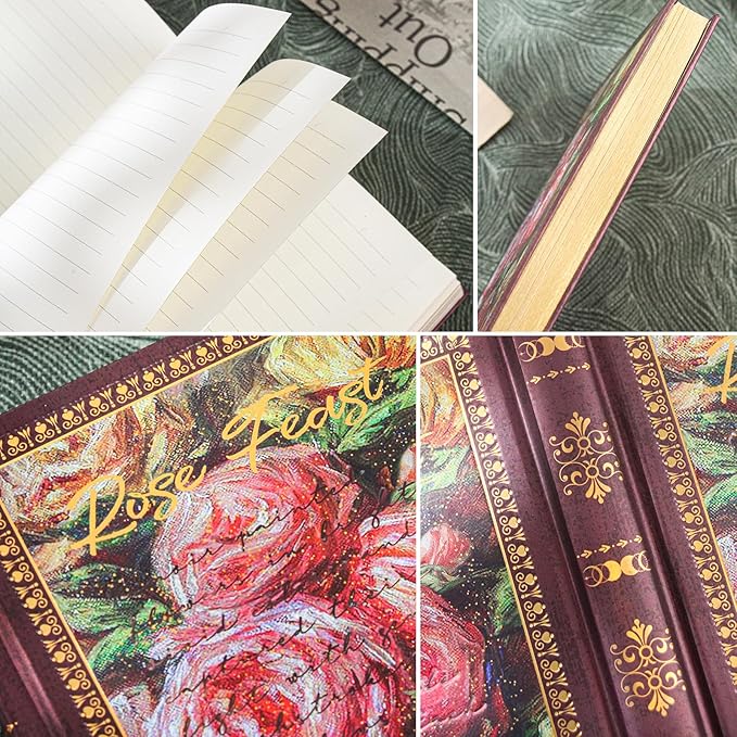 Hardcover Lined Journal - 224 Pages 100GSM Thick Paper A5 Notebook Rose Feast Art Diary for Mother Women Girls A5 College Ruled Notebook with Gilded Edges & Gold Foil, 5.6 x 8.2 in