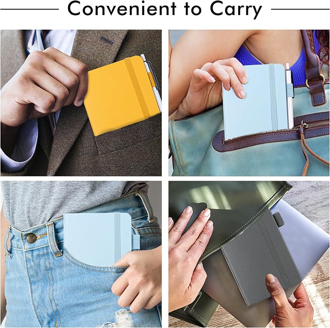 feela Pocket Notebook Journals, Mini Cute Small Hardcover College Ruled Notepad Office School Supplies, with 3 Black Pens, 3.5”x 5.5”, 3 Pack, A6, Solid Colors, Gray, Yellow, Light Blue