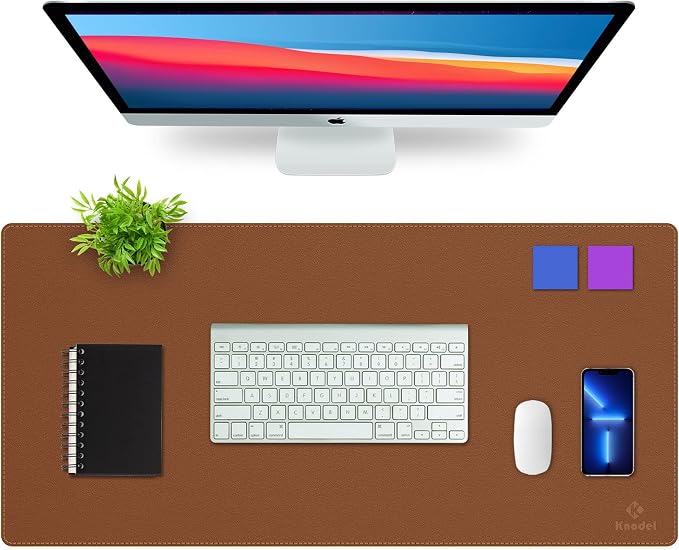 K KNODEL Large Sewing Leather Desk Mat, Desk Pad (Brown, 35.4" x 17") | Mouse and Keyboard Pad, PVC Computer and Laptop Mat, Desktop Protector and Cover, Writing Pad and Blotter for Home Office