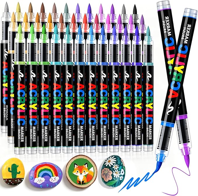 Acrylic Paint Markers Brush Tip 36 Colors, Soft Brush Tip Acrylic Paint Pens with Automatic Ink Control, Water-Based No-Bleed Paint Markers for Rock Painting Fabric Wood Ceramic Metal DIY Crafts