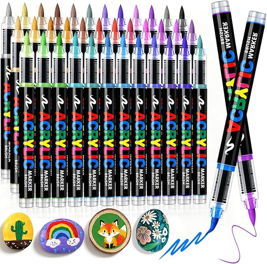 Acrylic Paint Markers Brush Tip 36 Colors, Soft Brush Tip Acrylic Paint Pens with Automatic Ink Control, Water-Based No-Bleed Paint Markers for Rock Painting Fabric Wood Ceramic Metal DIY Crafts