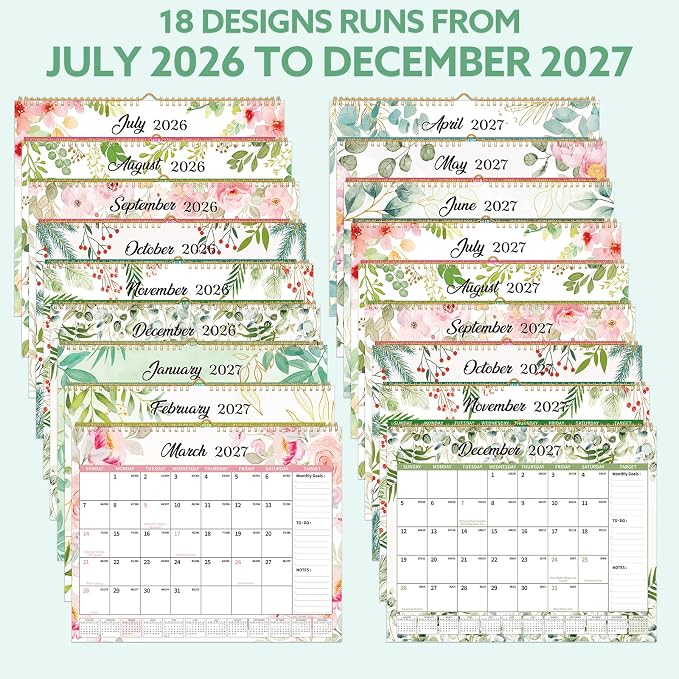 2026-2027 Wall Calendar, 14.5" x 11.8" 18 Month Green Leaves | July 2026-December 2027 120Gsm FSC-Certified Paper Monthly Calendar, Twin-Wire Binding, Ruled Blocks, Holiday Reference