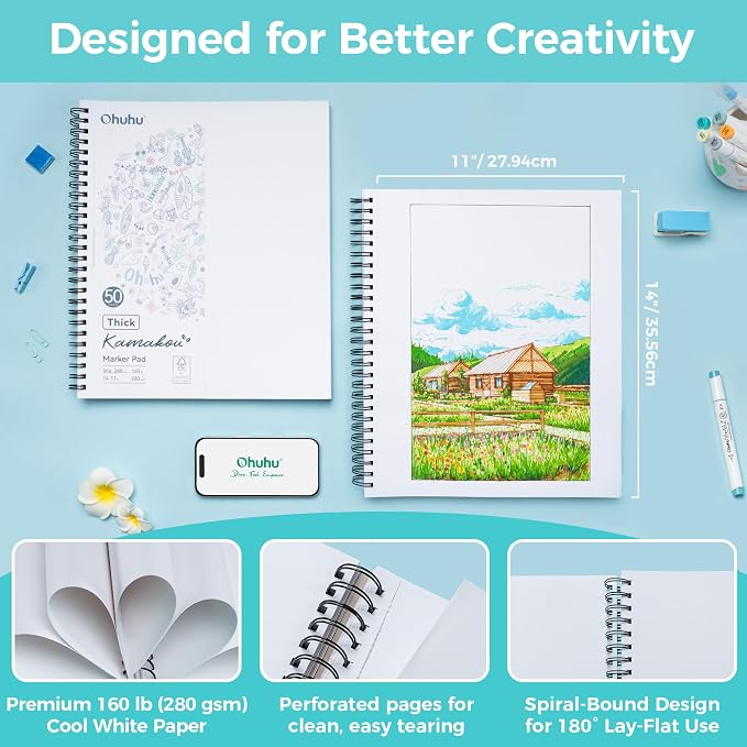 Ohuhu 11"x14" Double-Sided Bleedproof Marker Pad Art Sketchbook 50 Sheets | Large Sketch Book - 160 LB/280 GSM Smooth Drawing Paper - 50 Sheets/100 Pages - Spiral-Bound Sketch Pad for Alcohol Markers