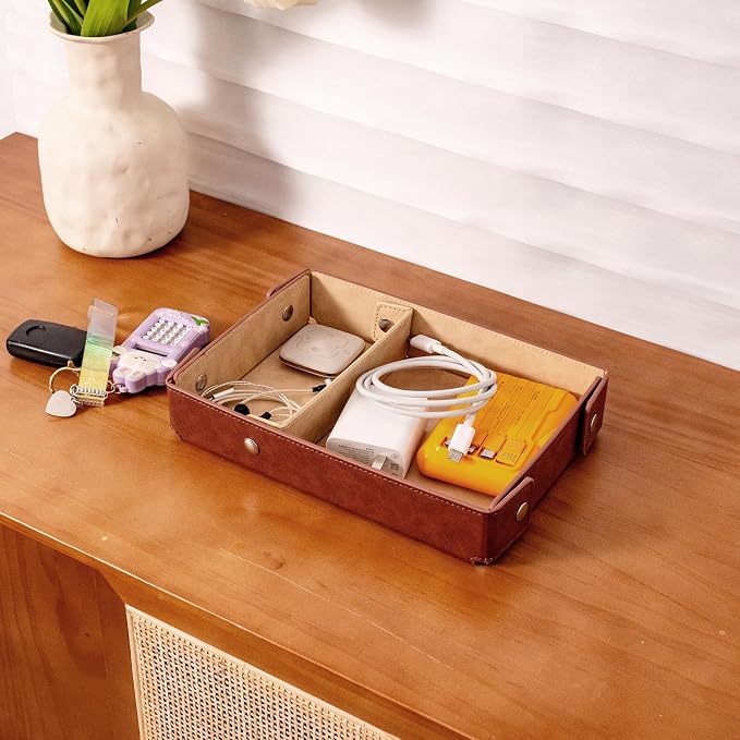 BONNY DODO Valet Tray for Men PU Leather Tray Organizer with Partition, Storage Keys, Watch & Practical Storage for Table Nightstand Living Room Bedroom (khaki)