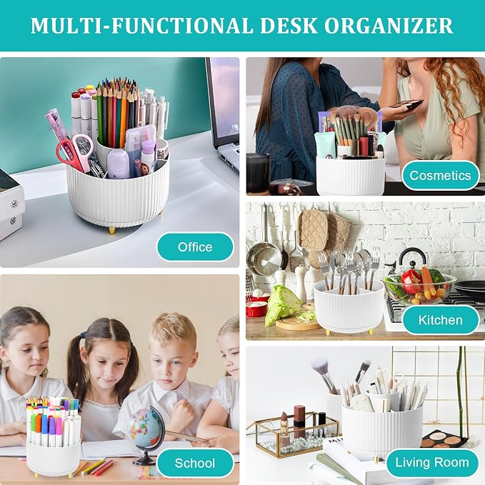 SAYEEC Rotating Pen Holder 5 Slots Desk Organizer with Adjustable Phone Stand White Makeup Brush Holder Organizer Cute Pencil Cup Pot Art Supply Storage Box Caddy for Office School Vanity Bathroom
