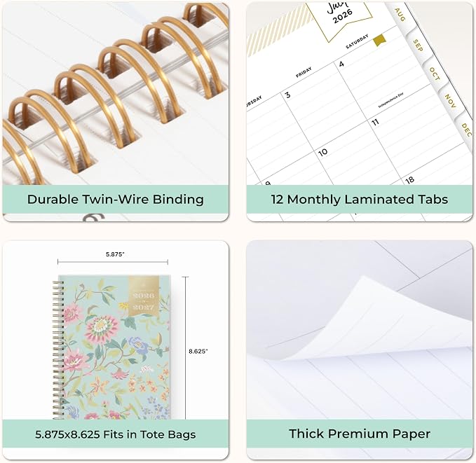 Blue Sky 2026-2027 Weekly & Monthly Academic Planner, 5.9"x8.6" Floral Mint | July 2026 - June 2027, Flexible Cover, Laminated Tabs, Storage Pocket, Academic Year, Day Designer