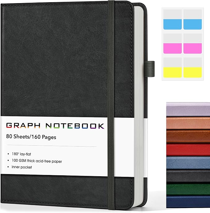 A5 Leather Hardcover Graph Paper Notebook, 160 Pages (5 Squares/Inch), 180° Lay-Flat Binding, 100 GSM Thick Paper, for Math, Engineering, Students & Technical Work (Black)