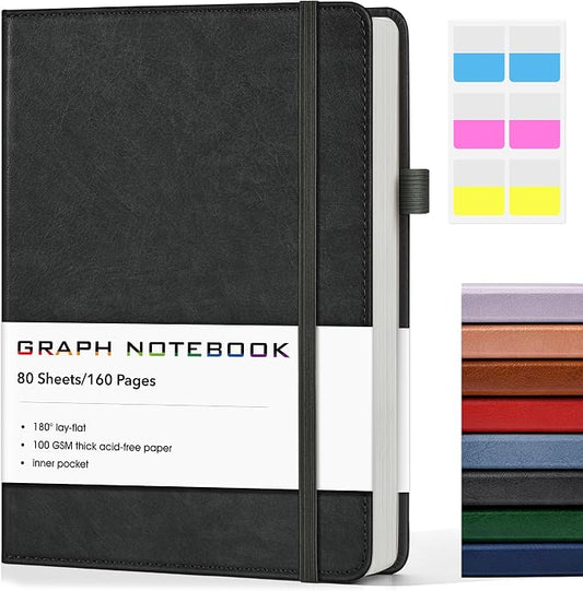 A5 Leather Hardcover Graph Paper Notebook, 160 Pages (5 Squares/Inch), 180° Lay-Flat Binding, 100 GSM Thick Paper, for Math, Engineering, Students & Technical Work (Black)