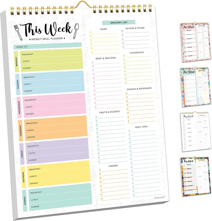 Decorably 52 Sheets Pastel Undated Magnetic Weekly Meal Planner and Grocery List Notepad with 4 Strong Magnets - 8.5x11in Spring-Bound, Refrigerator Mountable, Easy Tear-Off Design