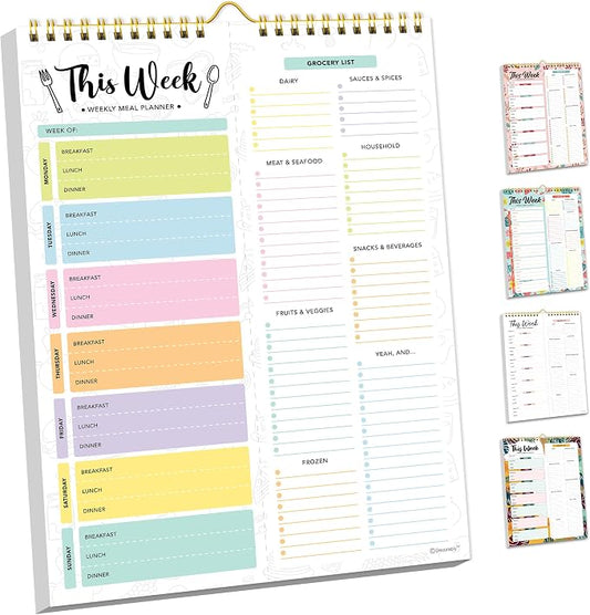 Decorably 52 Sheets Pastel Undated Magnetic Weekly Meal Planner and Grocery List Notepad with 4 Strong Magnets - 8.5x11in Spring-Bound, Refrigerator Mountable, Easy Tear-Off Design