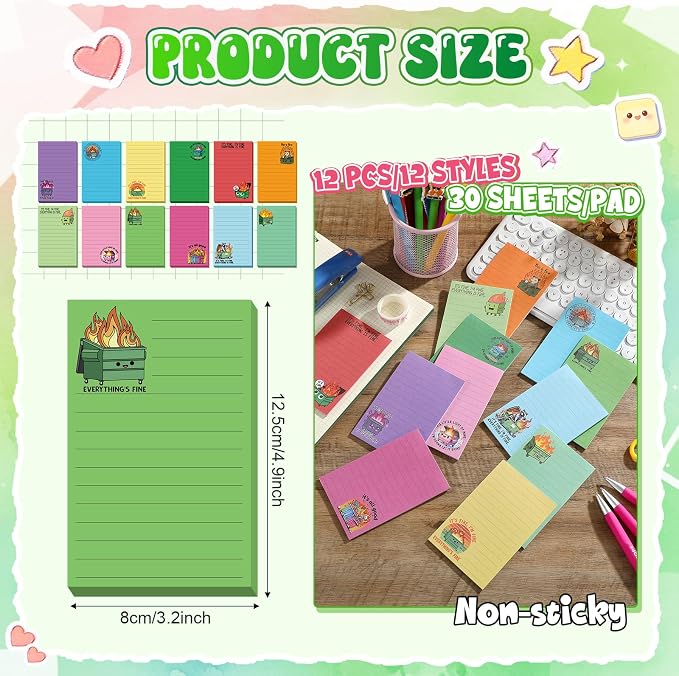 12 Pack Funny Notepads, 5x3 Inches Sarcastic Note Pads Memo Fun Office Gifts for Coworkers Work Women Men Employee Teacher Boss Desk Accessories Gifts(Dumpster Fire,Multicolor)