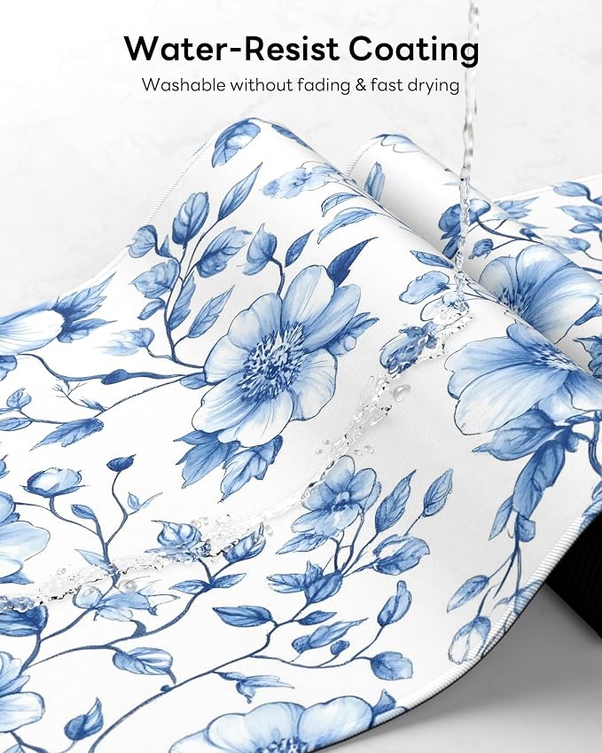 Floral Mouse Pad, 31.5 x 11.8 Large Desk Mat with Stitched Edges & Non-Slip Base, Mousepad for Office, Home, Work, Blue White Flower