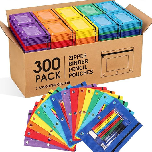 Zhehao 300 Pcs Binder Pencil Pouch Bulk Pencil Pouch for 3 Ring Binder with Zipper and Double Pocket for Writing Utensils School Supplies (Six Colors,Clear Style)