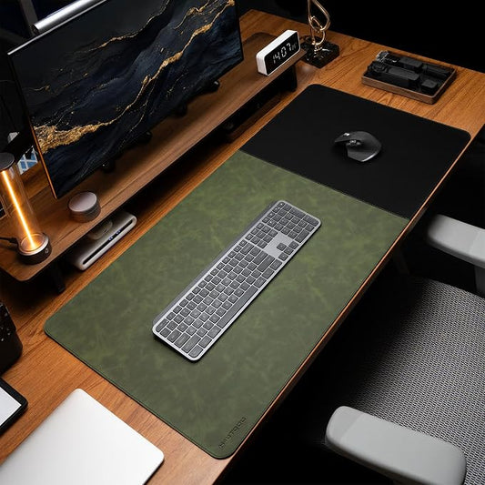 HAUTOCO Cork Desk Mat 31.5"x15.7", Distressed PU Leather & Cloth Desk Pad | Waterproof, Non-Slip, Stitched Edges, Dark Green Large Gaming Mouse Pad, Laptop Blotter & Desk Protector for Office and Home