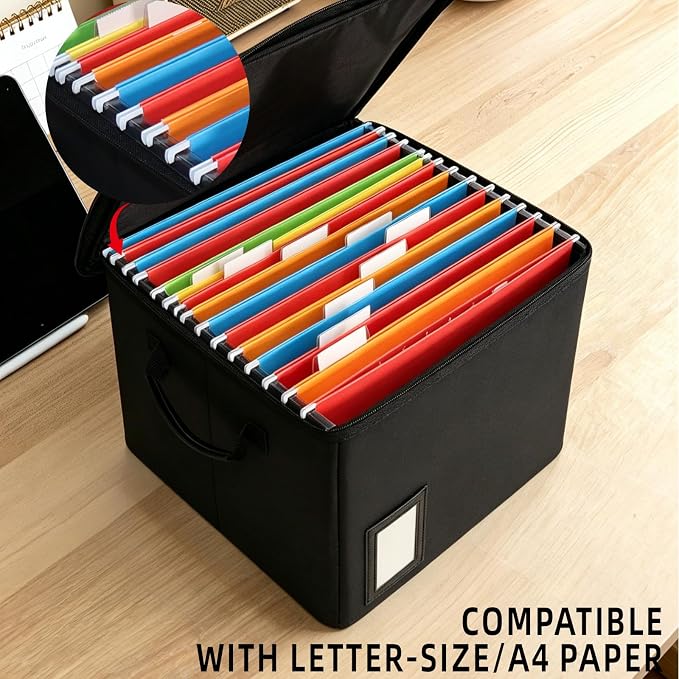 Fireproof File Box with PVC Slides for Hanging Folders, Collapsible Document Organizer Box for Home Office, Fireproof Filing Cabinet Storage Case, Tax Certificate File Organizer Fits Letter A4