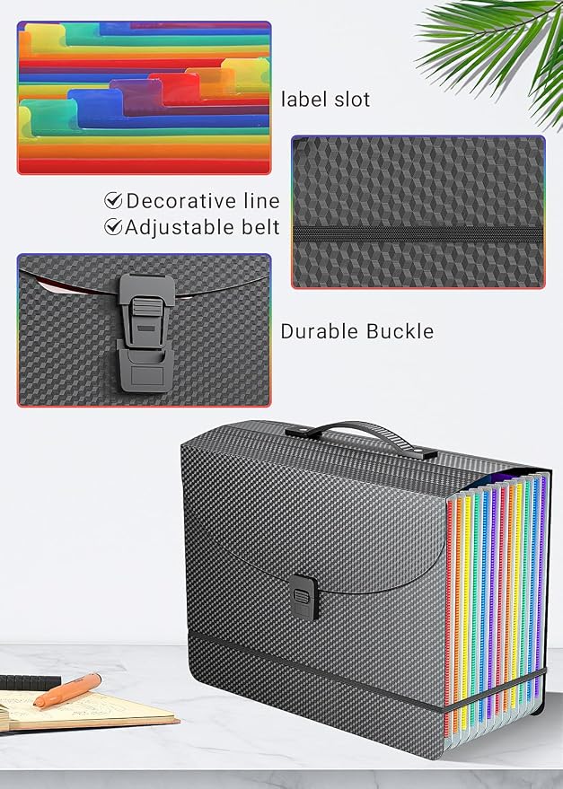 Expanding File Folder/Accordion File Organizer/Portable File Box with 13 Pockets,Fun Storage Filing Folders with Handle,Perfect for Standing and Carrying,A4/Letter Size,Colored Tabs,Black Diamond