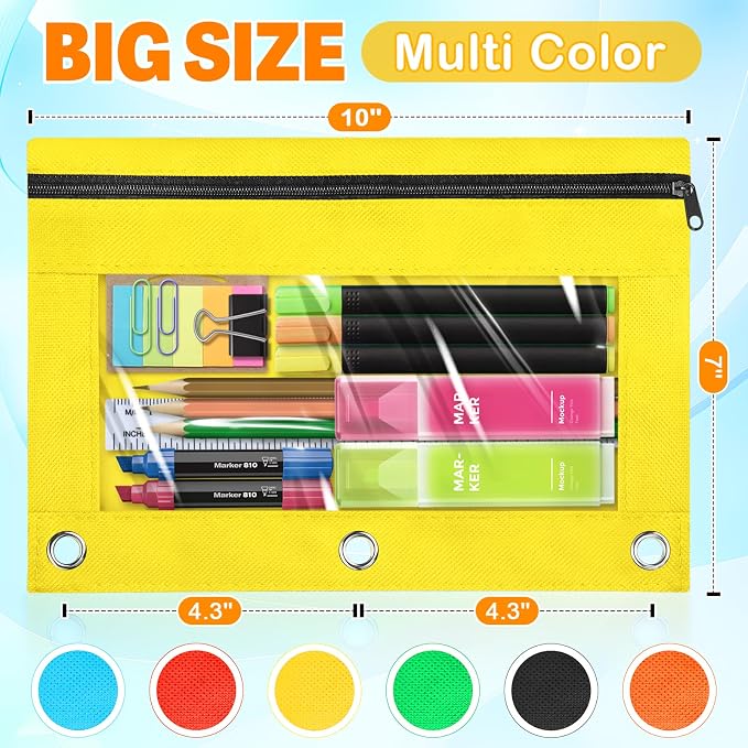 Pencil Pouch for 3 Ring Binder, 36 Packs Zipper Pencil Pouch Bulk in 6 Colors, Pencil Case for Binder with Clear Window for School, Home and Office