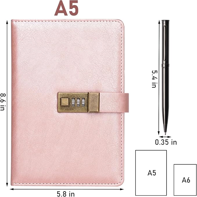 WEMATE Diary with Lock, A5 PU Leather Locked Journal 240 Pages Rose Gold | Vintage Lock Journal Notebook with Pen & Gift Box, Lock Diary Planner Organizer for Men and Women, 8.6x5.8in