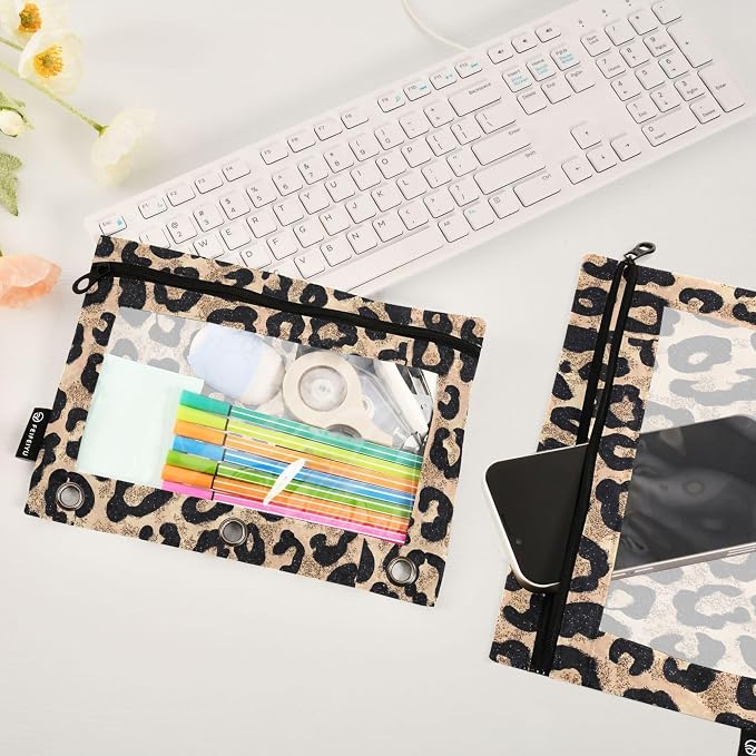 Cheetah Brown Golden Binder Pouches 3 Ring for Boys Girls School Office College Supplies Leopard Black Pencil Pouches Case Bag with Clear Window and Zipper 2 Pack